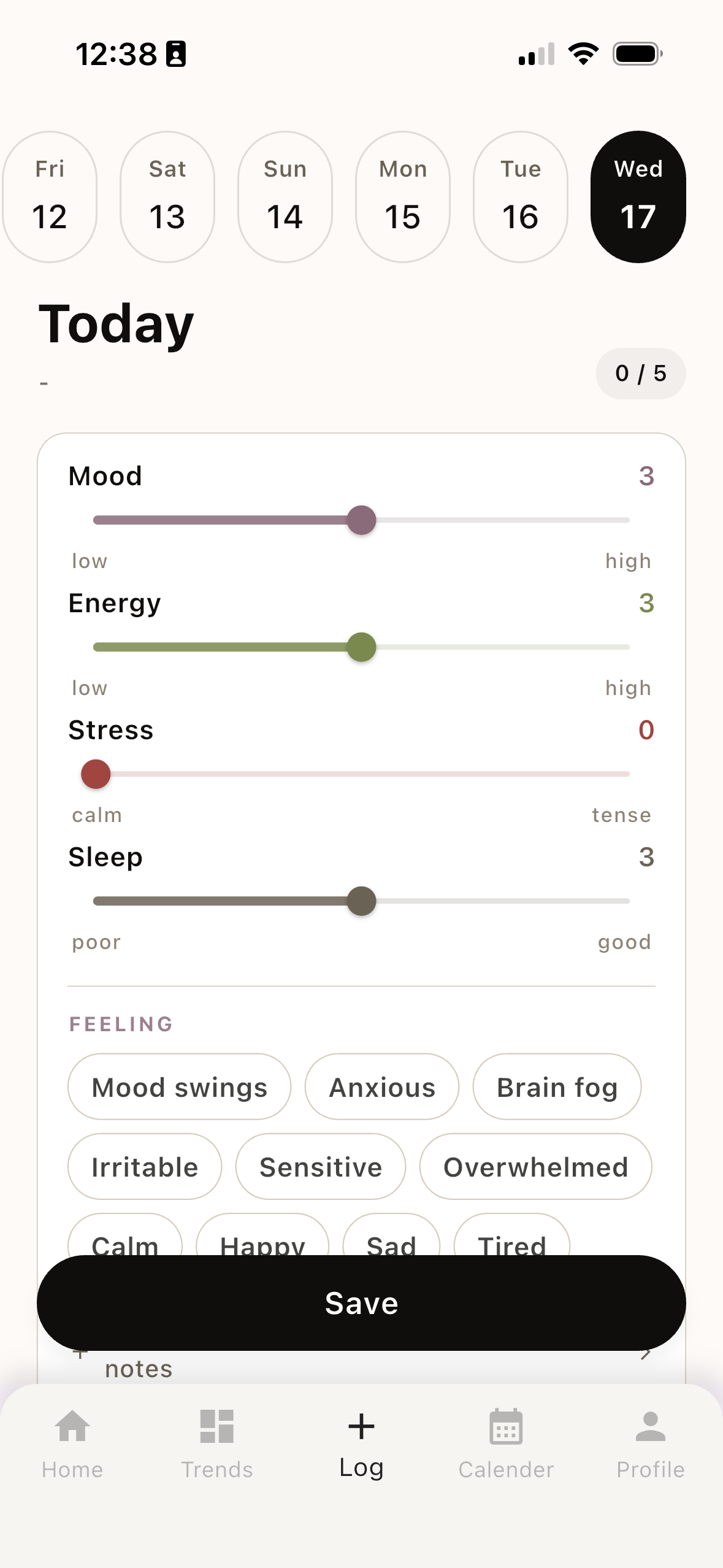 My Body's BFF logging screen with sliders for mood, energy, stress and sleep, plus feeling chips like 'Anxious', 'Brain fog', 'Calm', 'Sensitive', 'Sad'.