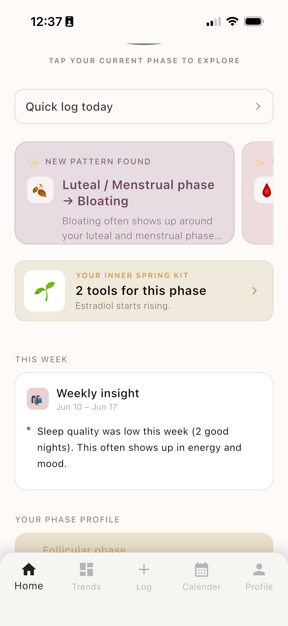 My Body's BFF pattern detection screen showing a 'New pattern found' card linking the luteal and menstrual phase to bloating, plus a weekly insight on sleep and mood.